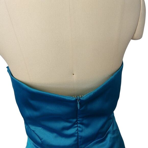 90s Y2K Prom Dress Maxi Gown Size L Teal Strapless Ruched Satin Formal Dance - Picture 9 of 11